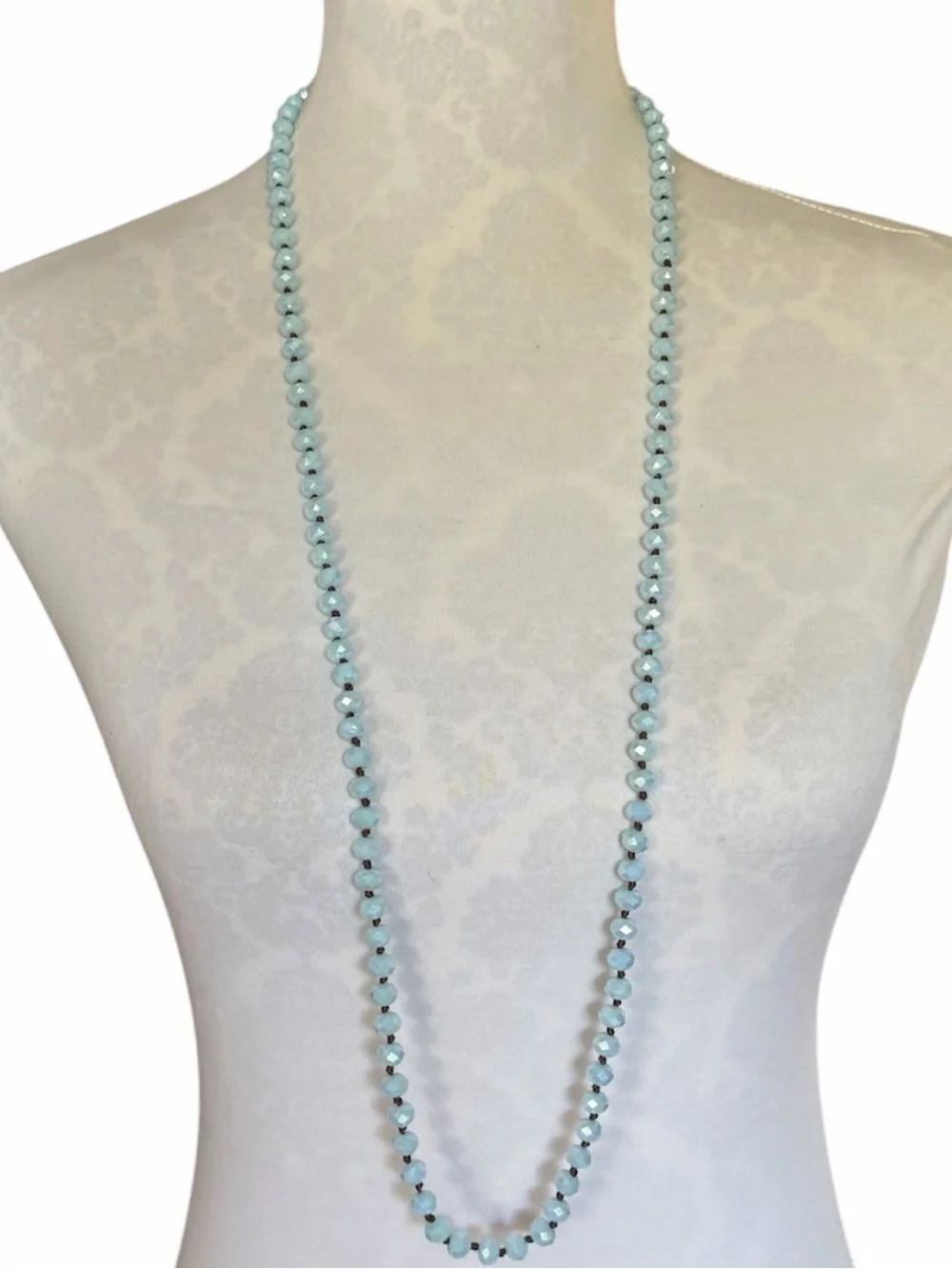 Blue Crystal Glass Beaded Long Necklace Knotted Between Each Bead | Brown Thread